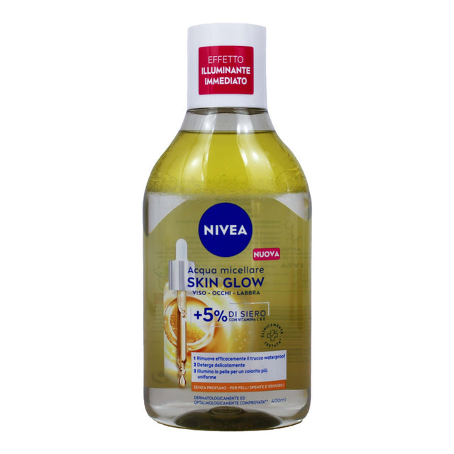 Nivea Acqua Micellare Skin Glow Struccante Viso Occhi Labbra Con Infuso di Siero-Vitamina C e E Senza Profumo Per Pelli Spenti e Sensibili 400 Ml