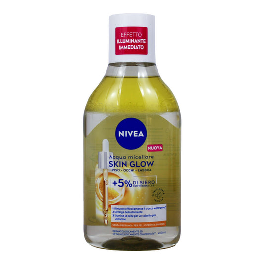 Nivea Acqua Micellare Skin Glow Struccante Viso Occhi Labbra Con Infuso di Siero-Vitamina C e E Senza Profumo Per Pelli Spenti e Sensibili 400 Ml