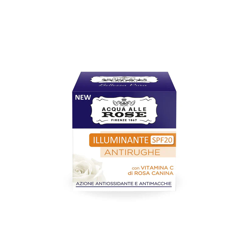 Acqua alle Rose, Crema Viso Illuminante Antirughe con Vitamina C di Rosa Canina e Vitamina C Micellare, Antirughe, Antimacchie, Antiossidante e Illuminante, SPF20, Pelle Elastica e Radiosa - 50 m